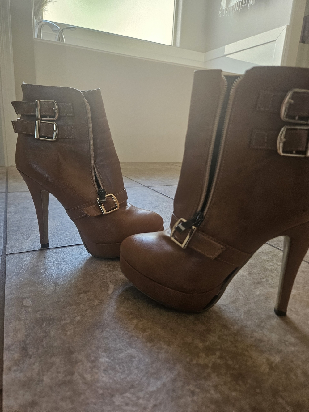 Aldo Brown Platform Stiletto Ankle Boots with Buckle Straps
